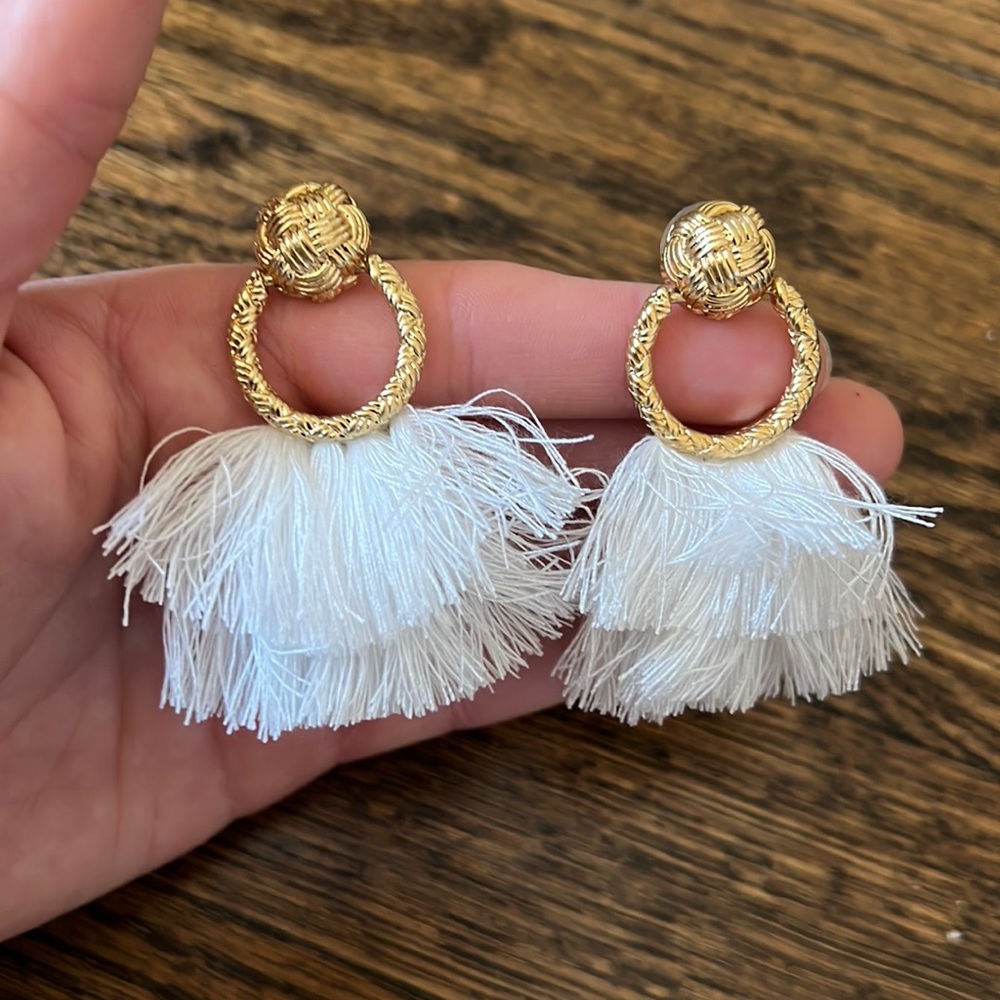 Gold and white tassel earrings